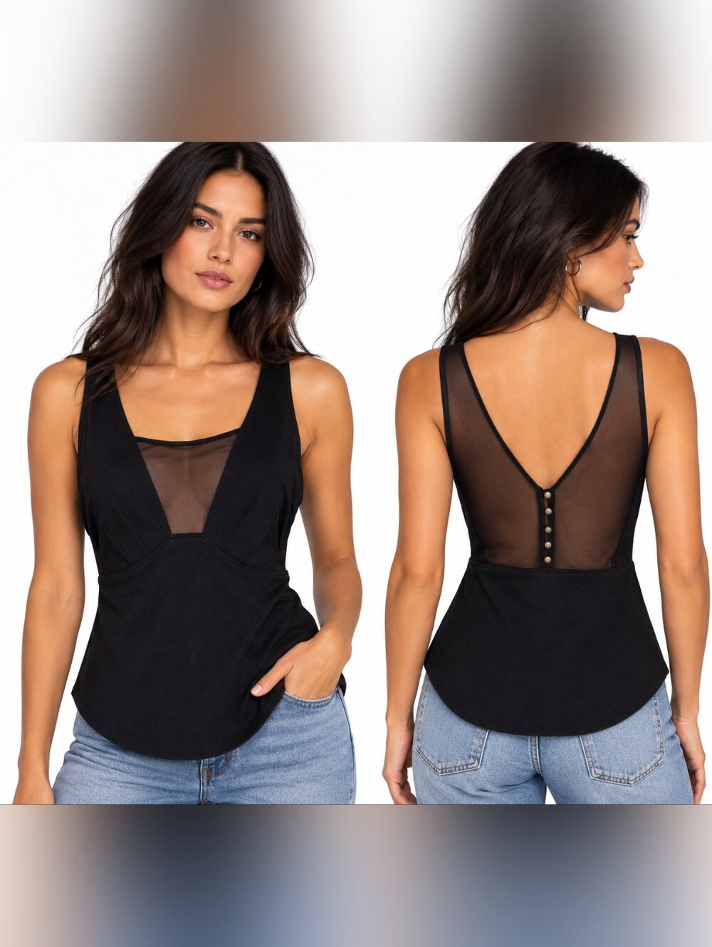 Free People Black Sheer Mesh Panel Button Back Tank Top Size Small